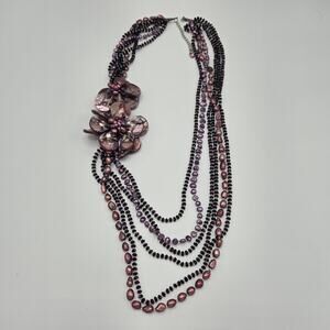 Mother of Pearl Floral Statement Necklace– Multi-Strand Purple Freshwater Pearls